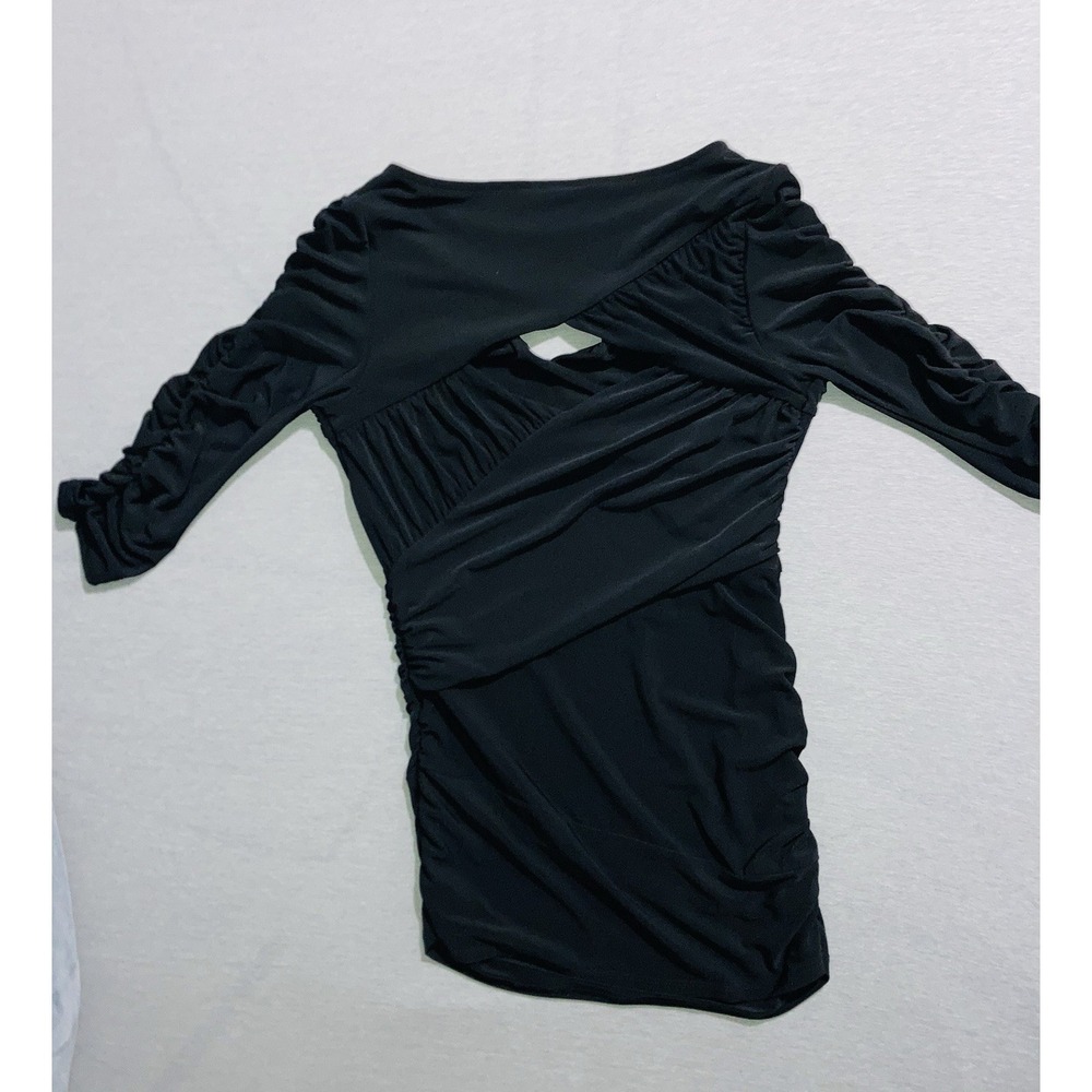 GUESS Ruched Cut-Out Bodycon Dress 3/4 Sleeve Round Neck Black‎ Short M